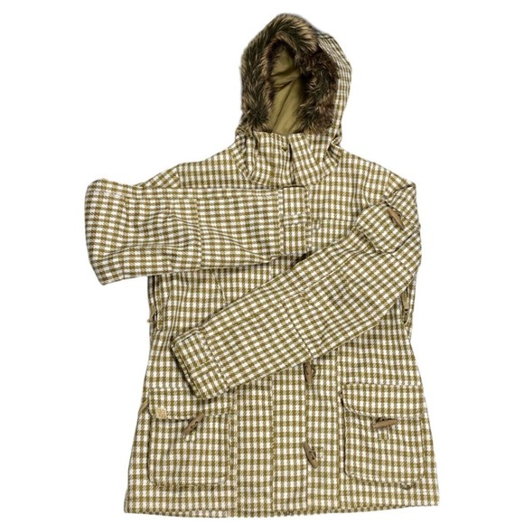 Roxy 5000 Snow Jacket Women Large Gold Cream Checkered Fur Hood Long Sleeve - Picture 4 of 15